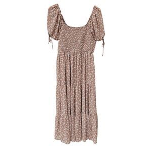 Blu pepper Beige Puff Sleeve Midi Dress Smocked Top  Large Prairie Milkmaid Boho